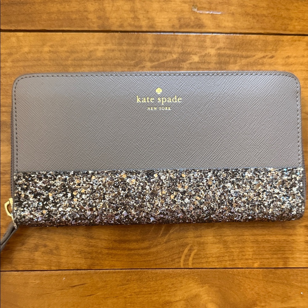 kate spade gray and silver glitter zip-around wallet